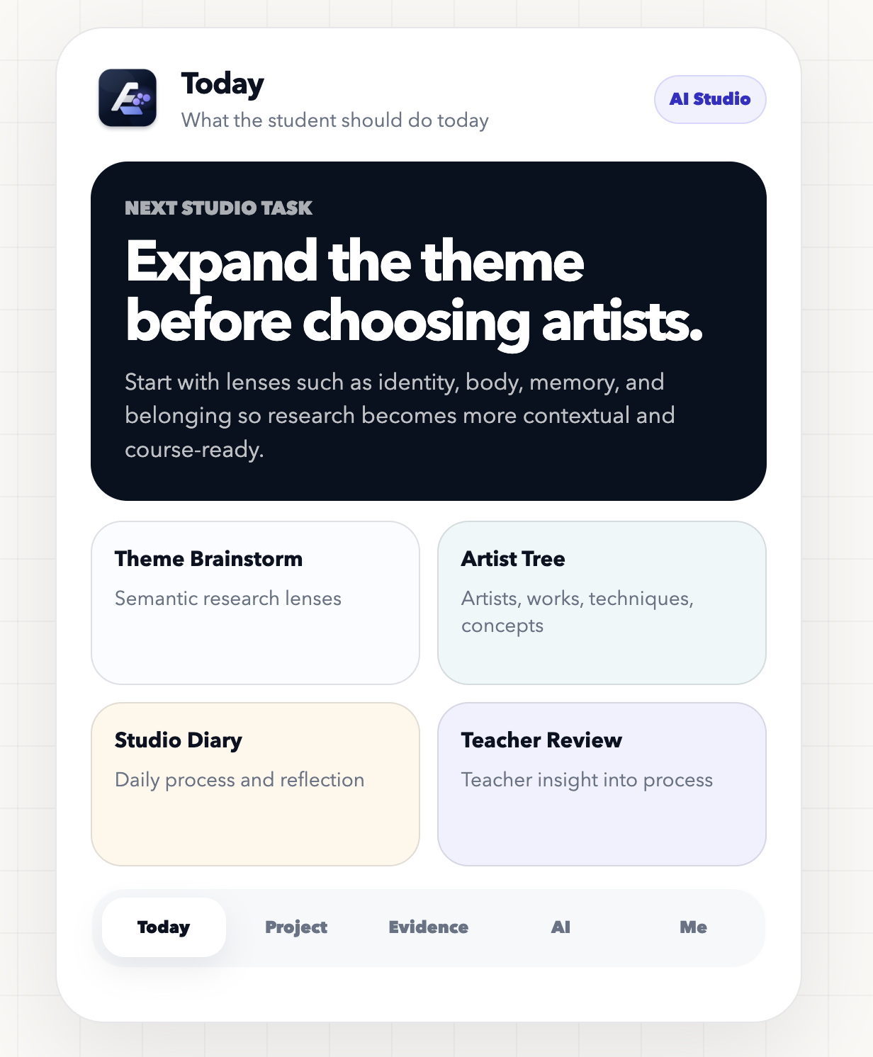 EasyArts AI Studio interface for theme research, artist selection, studio diary and teacher review