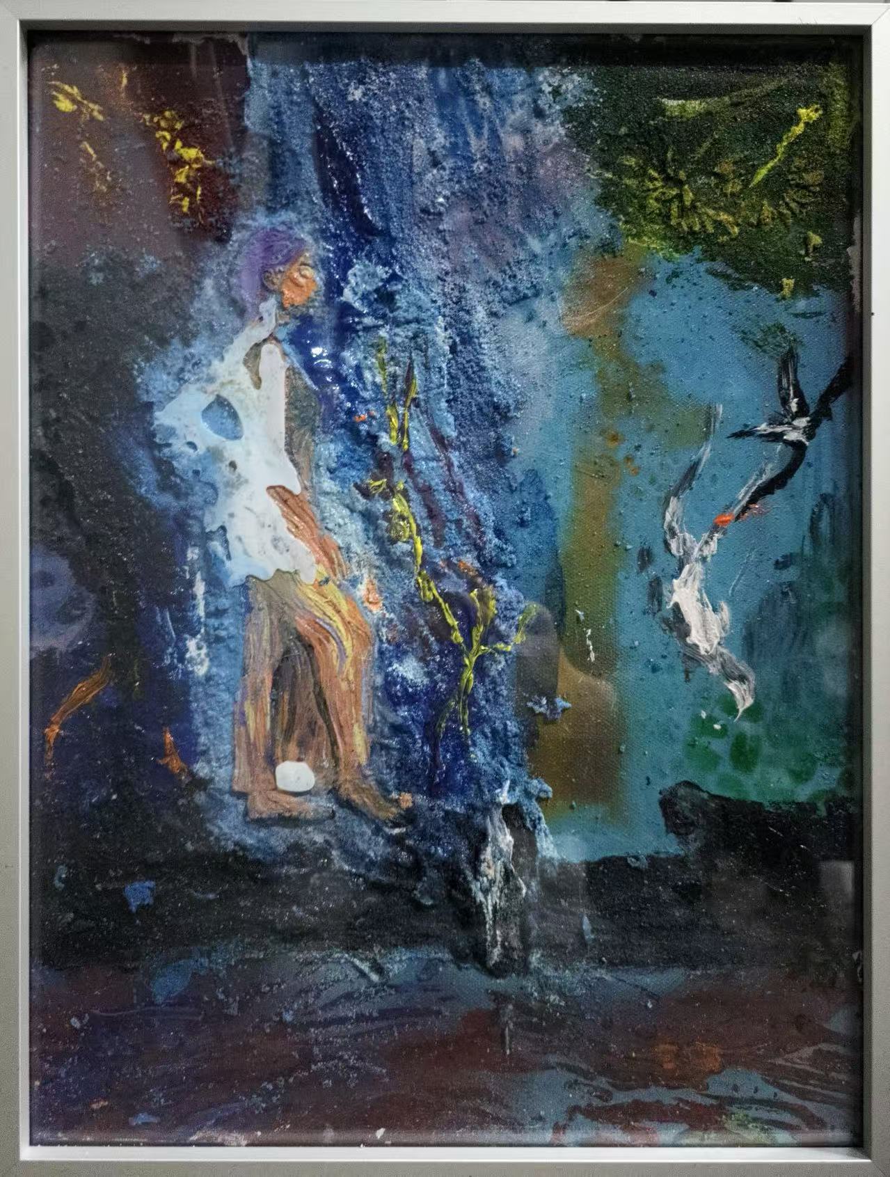 Mixed-media artwork: two figures in a deep blue space