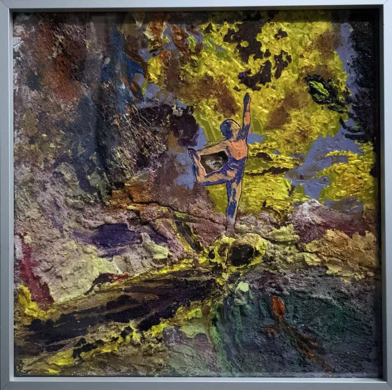 Mixed-media artwork: a figure reaching into a yellow field