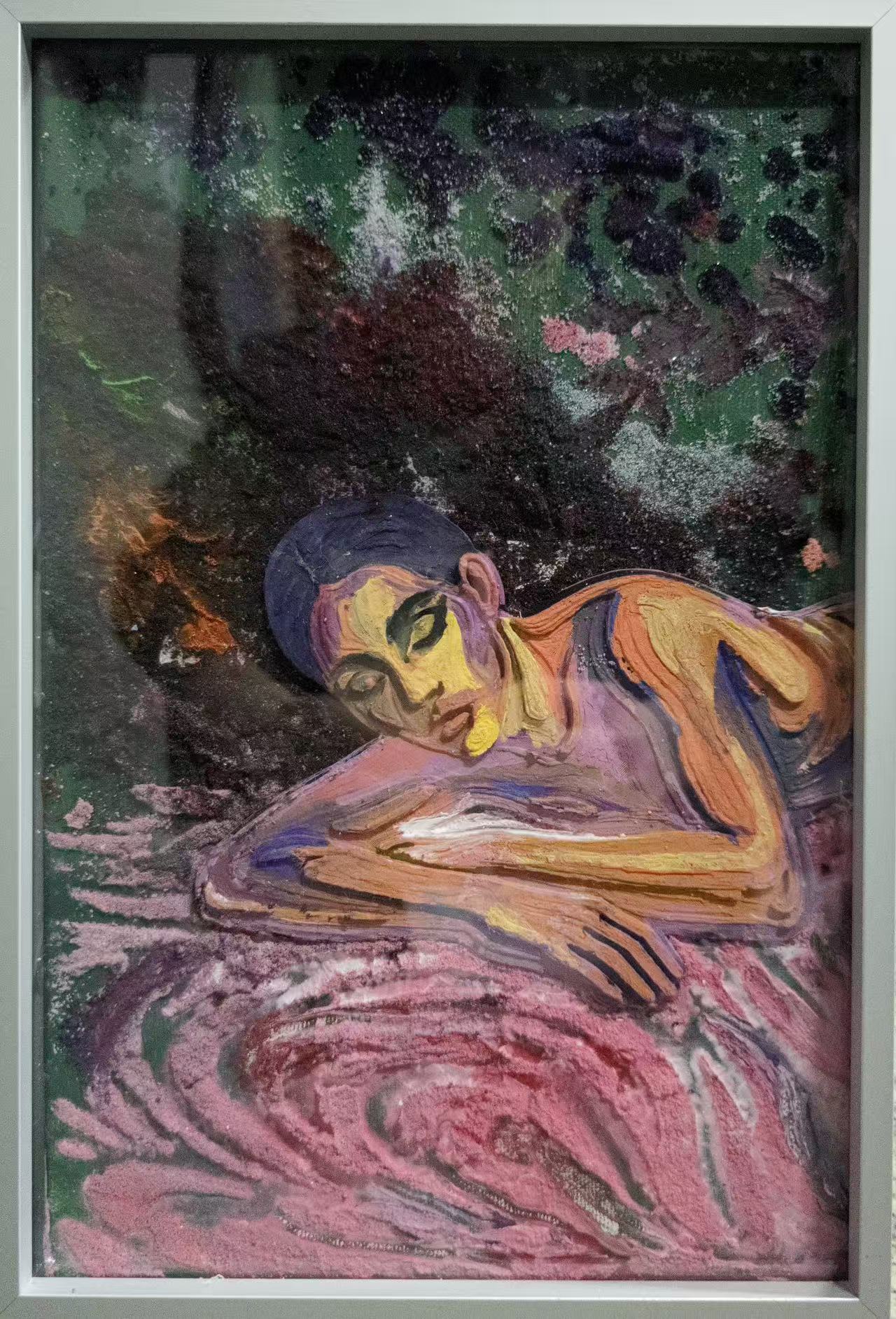 Mixed-media artwork: resting portrait in pink and green