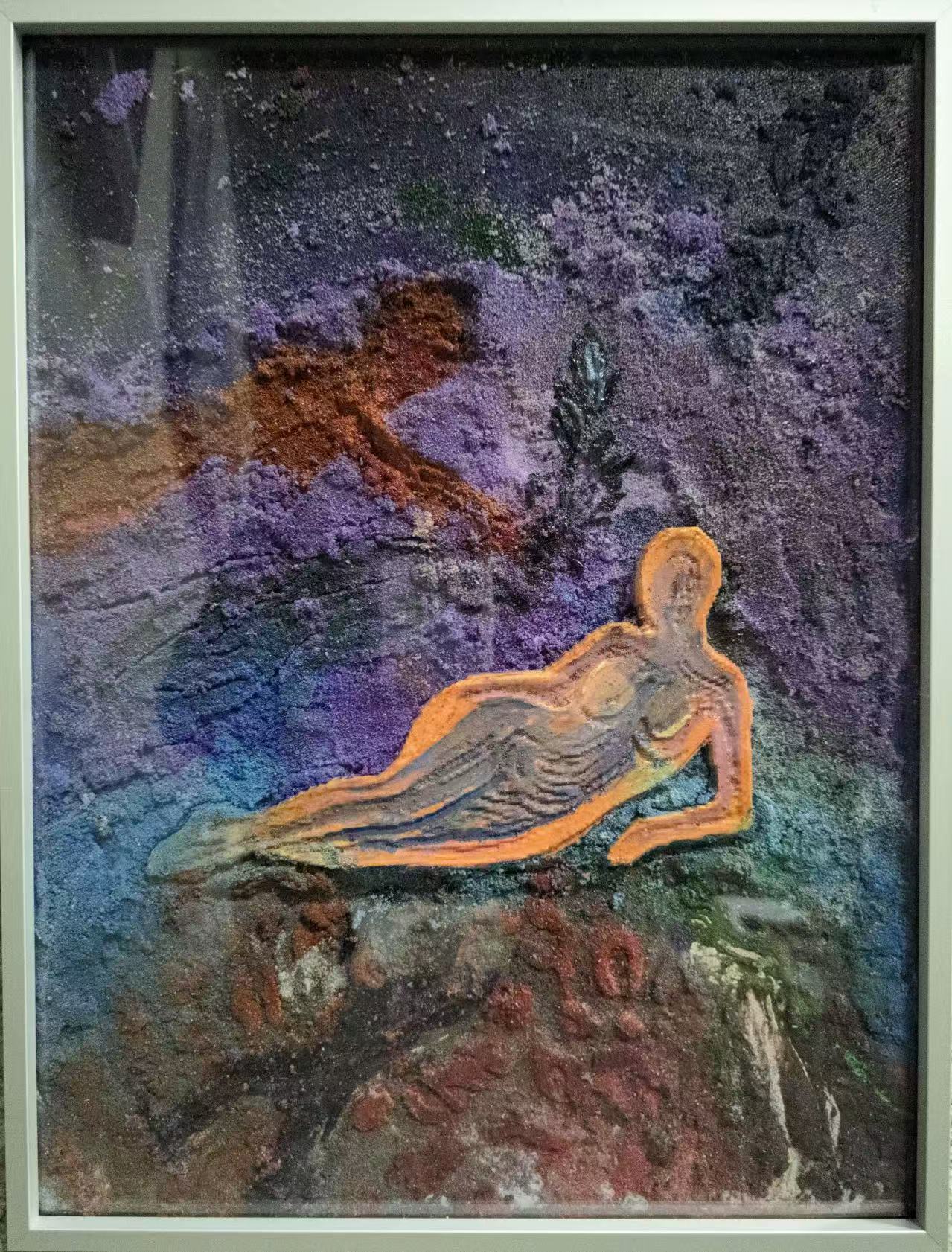 Mixed-media artwork: reclining outlined figure in violet terrain