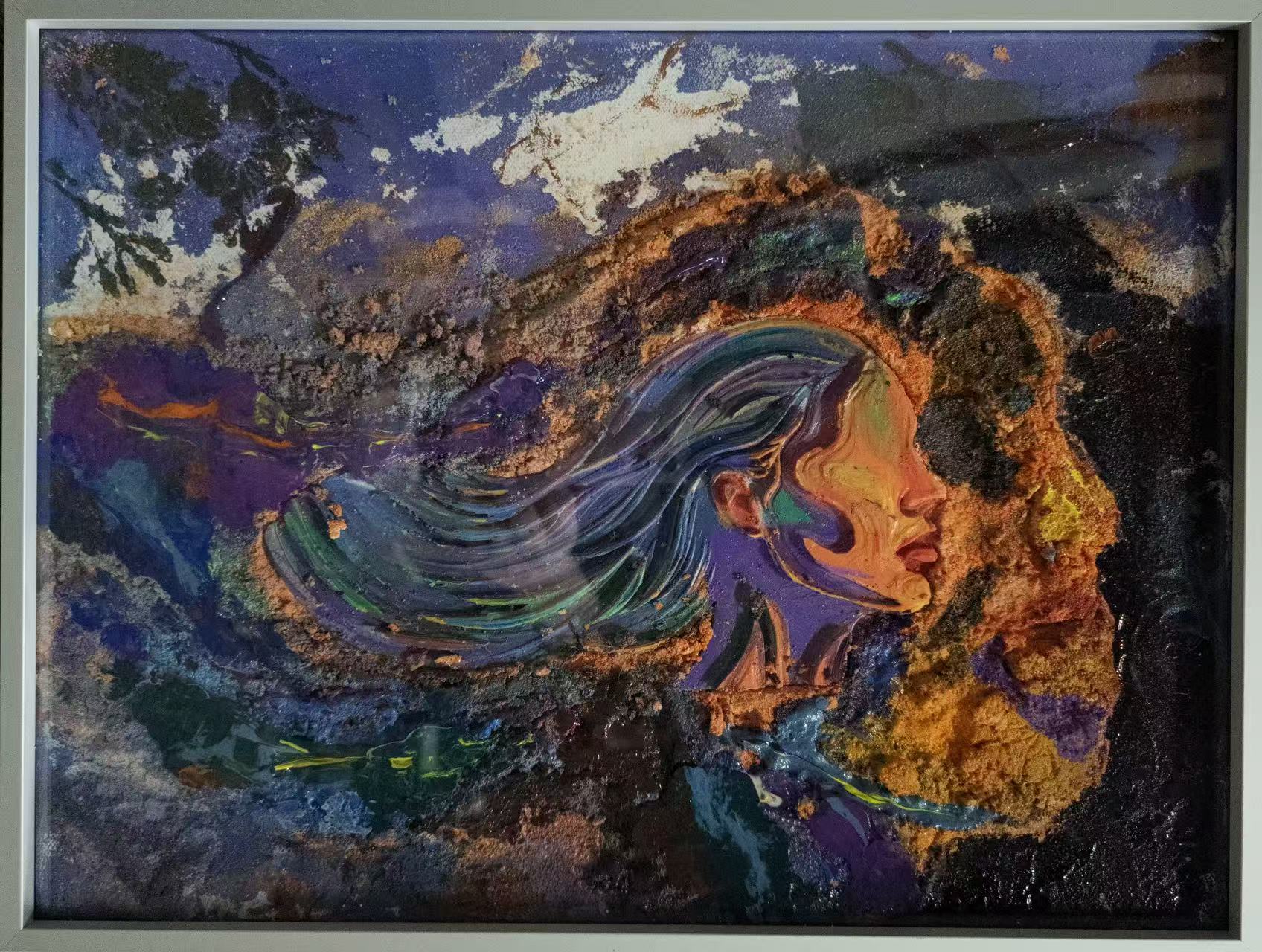 Mixed-media artwork: side profile in a richly textured landscape