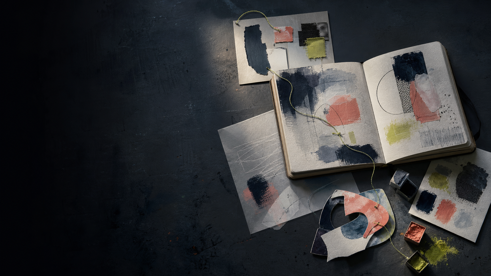 Editorial visual of sketchbook-based art learning and material experimentation